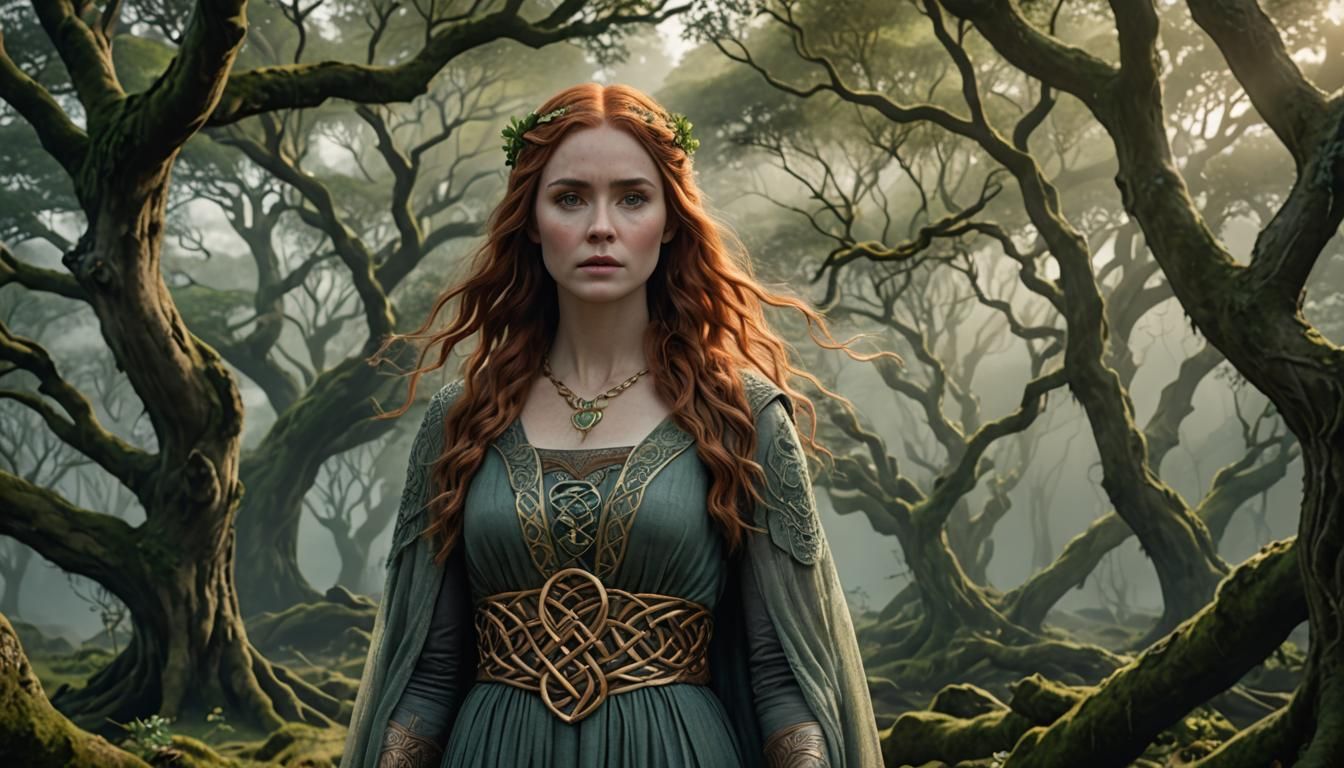 Brigid, Celtic Goddess of Wisdom in Mystical Forest