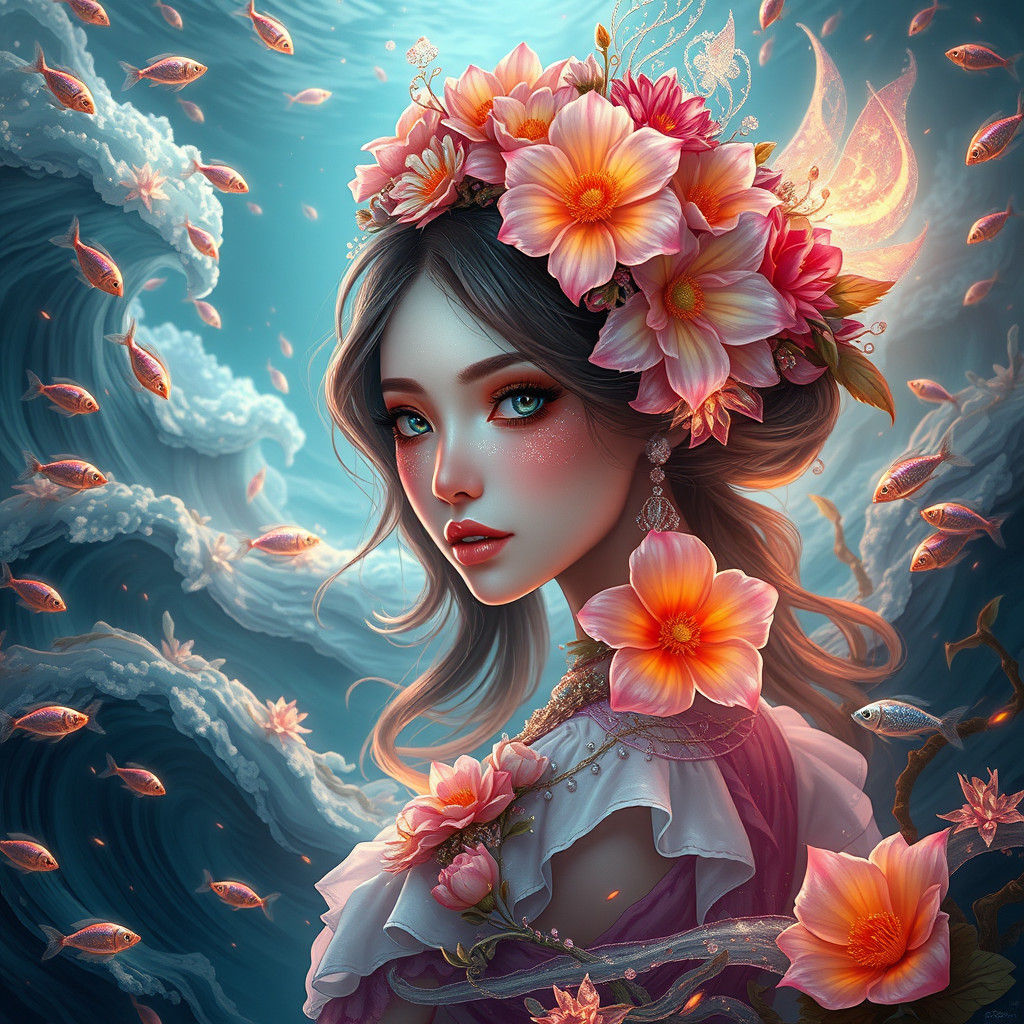 Ocean Flower Girl Portrait in Digital Art Style