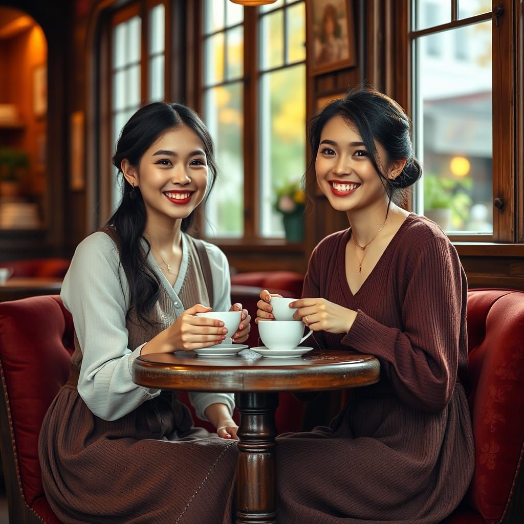 Cozy Cafe Moment with Two Happy Young Women