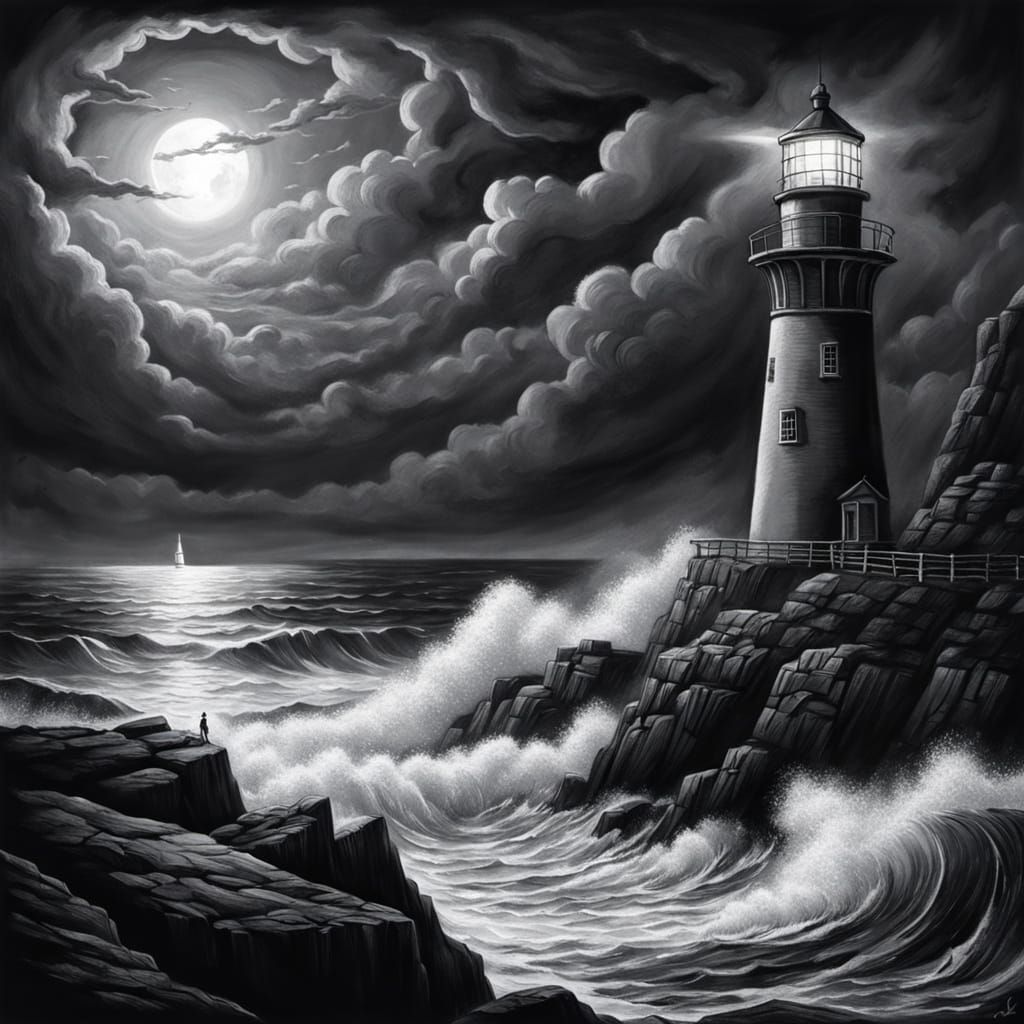 Lighthouse at Night: Hyperdetailed Charcoal Drawing