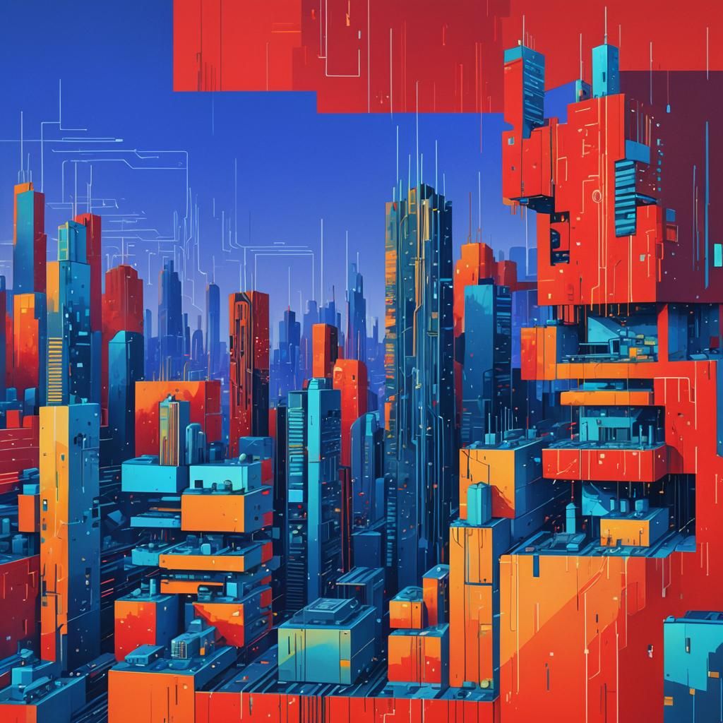 Glitched Neofuturistic Cityscape in Pixelated Vector Art