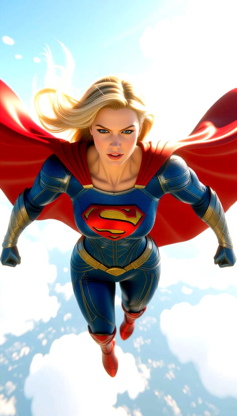 Supergirl Flying Through Cloudy Sky in Sci-Fi Style