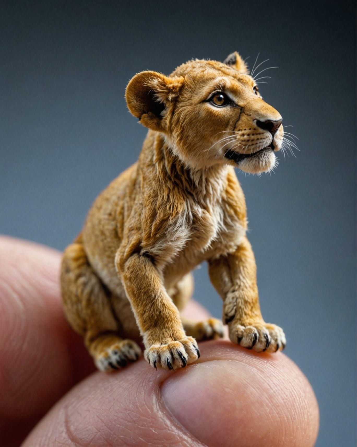 Miniature Lion on Fingertip: Microscopic View