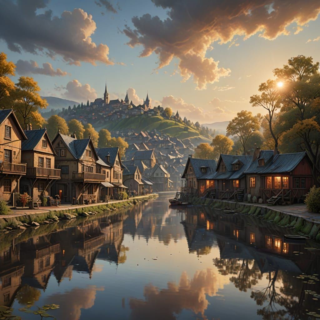 Surreal Townscape by Water in Warm Golden Light