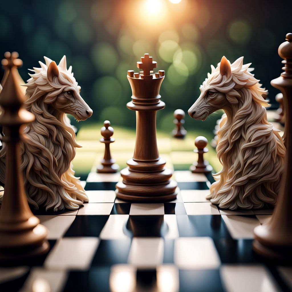 realistic, fairy-tale world on a chessboard, chess pieces in...