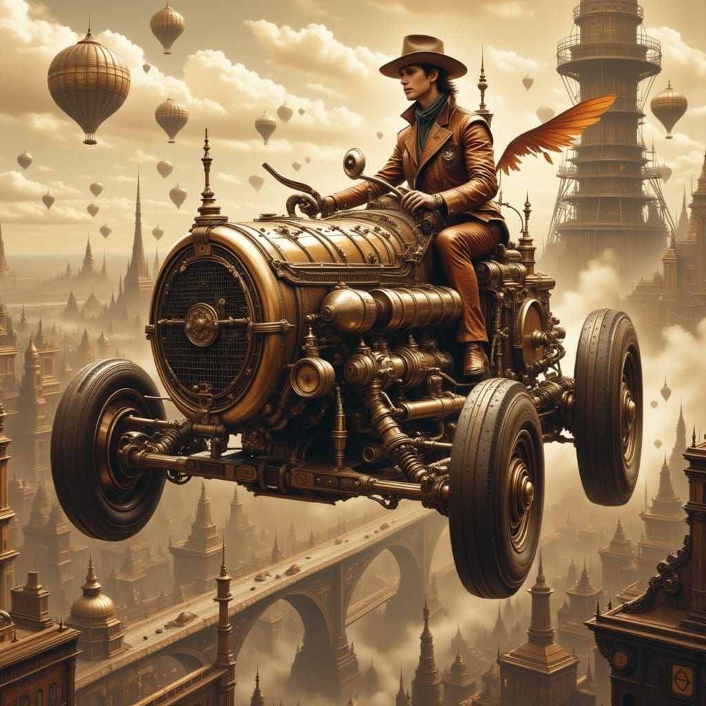Steampunk Flying Car Over City in Sepia Tones