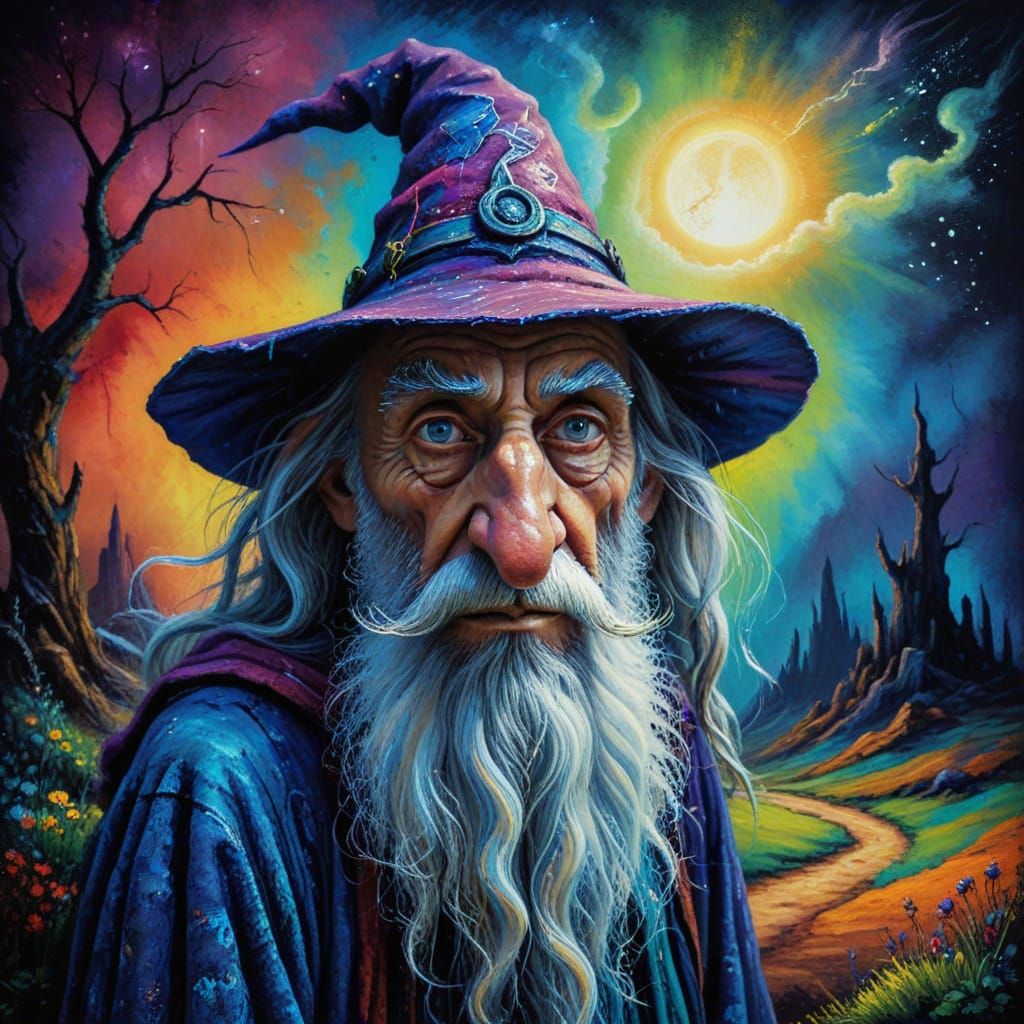 Grumpy Wizard in Magical Landscape, Oil Pastel Art