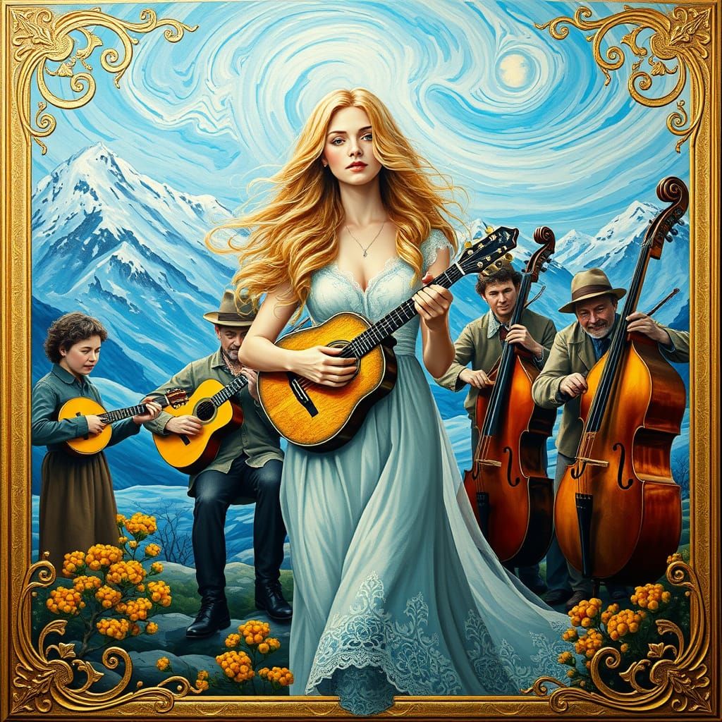 Ethereal Arctic Bluegrass Ensemble in Art Nouveau Style