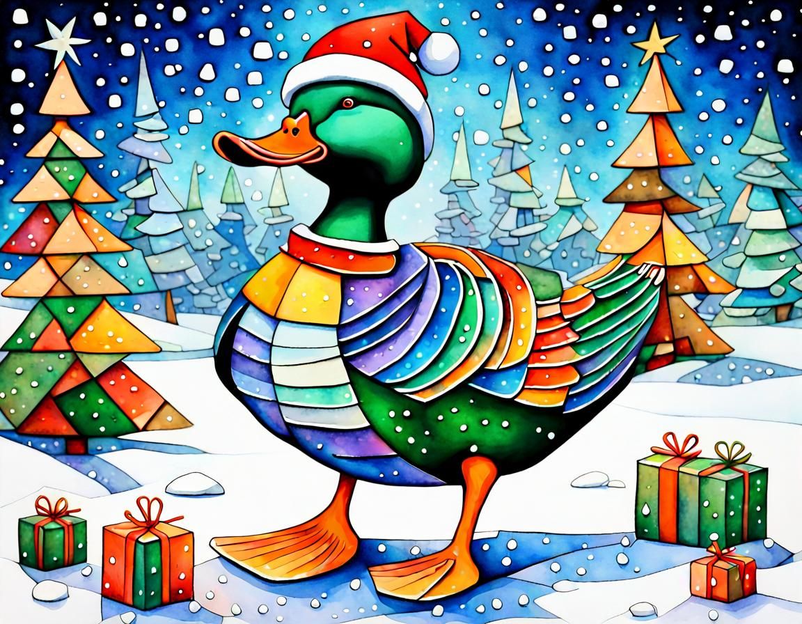 Cubist Christmas Landscape in Vibrant Aquarelle Style