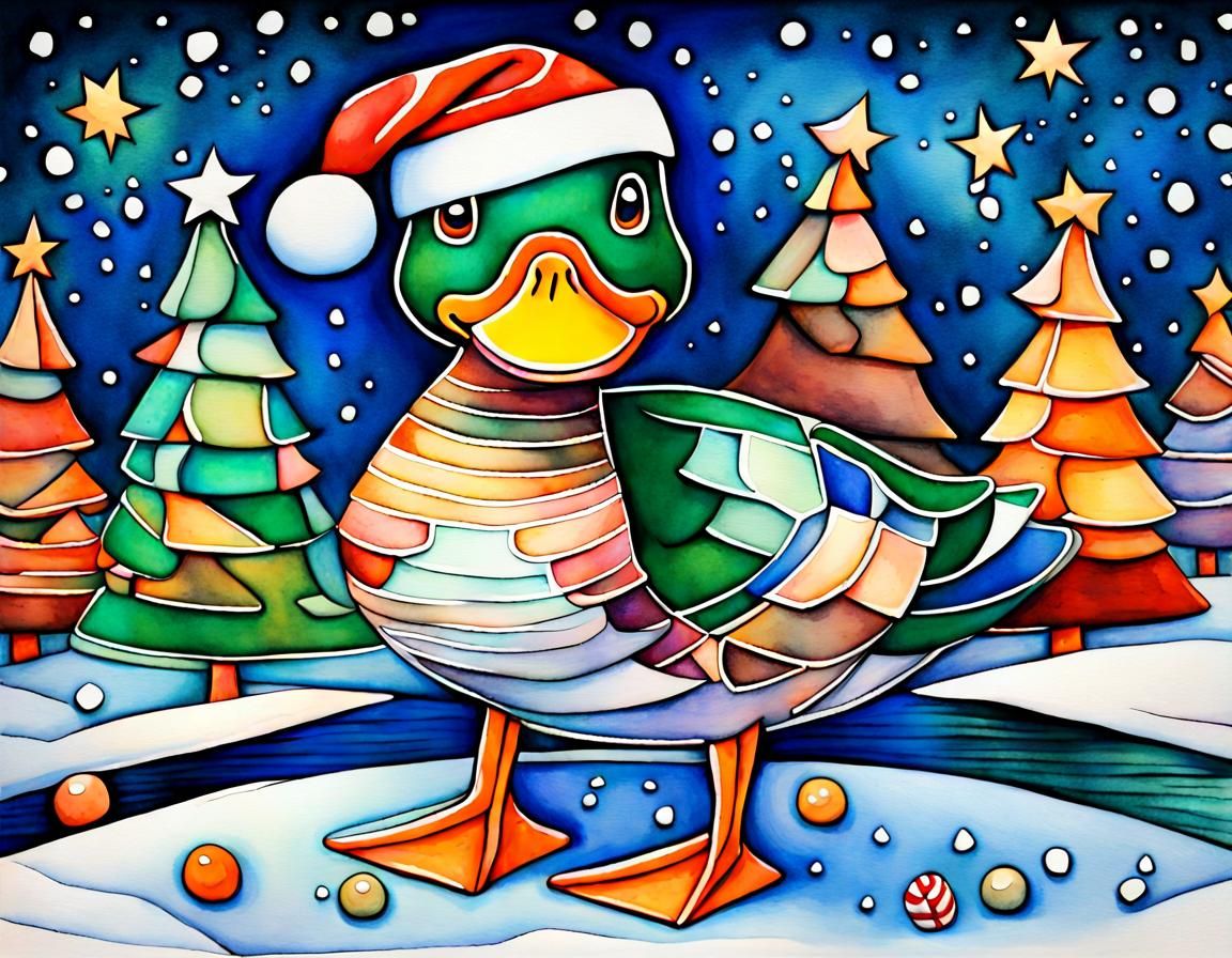 Christmas Mallard Duck in Cubist Watercolor