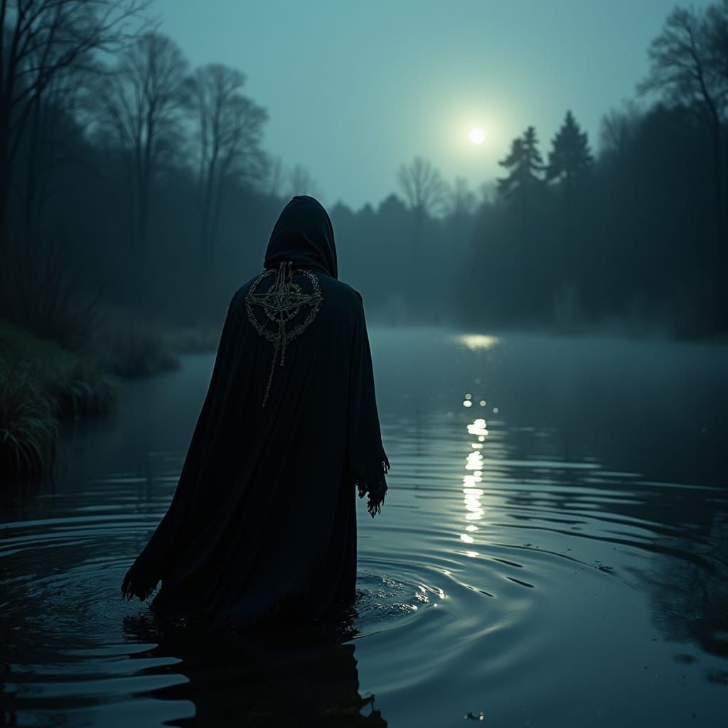 Ominous Figure Enters Eerie Pond in Film Noir Style