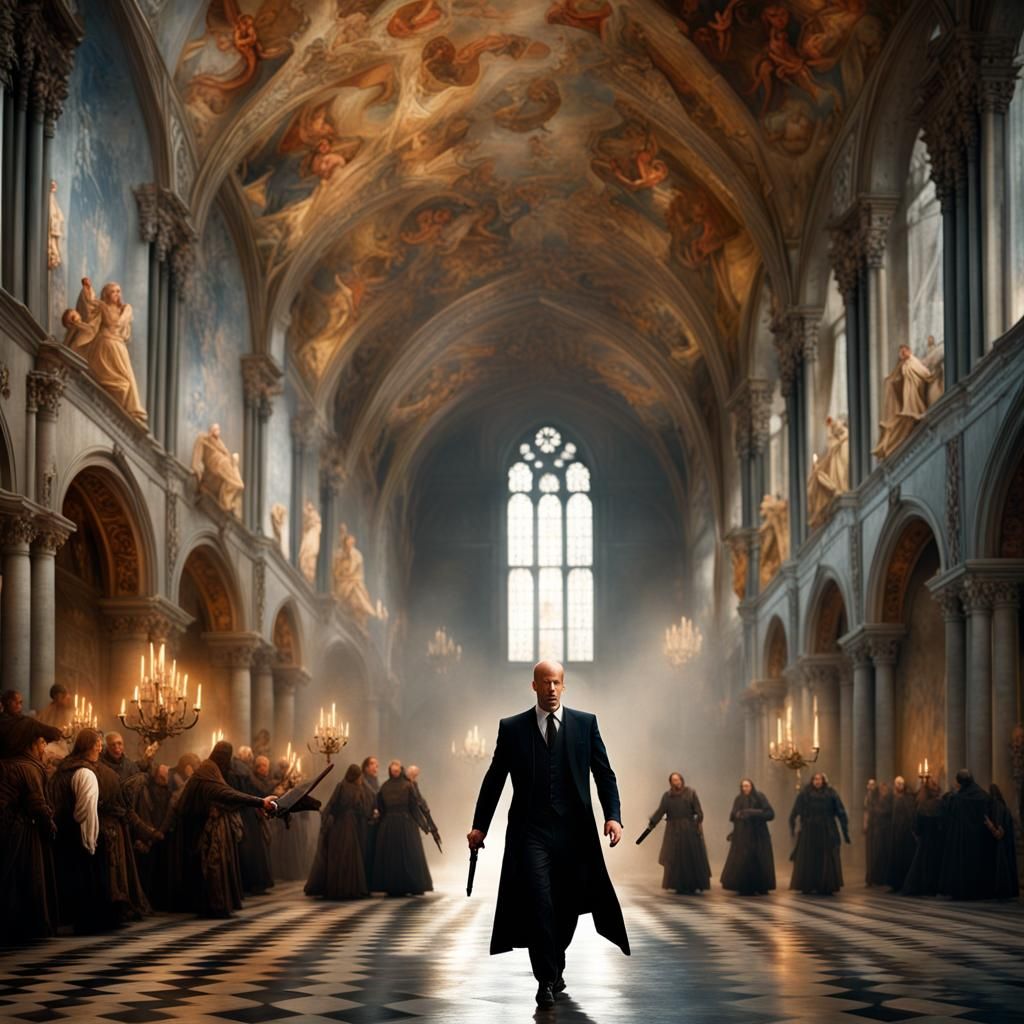 Epic Battle in Renaissance Cathedral, Classical Painting