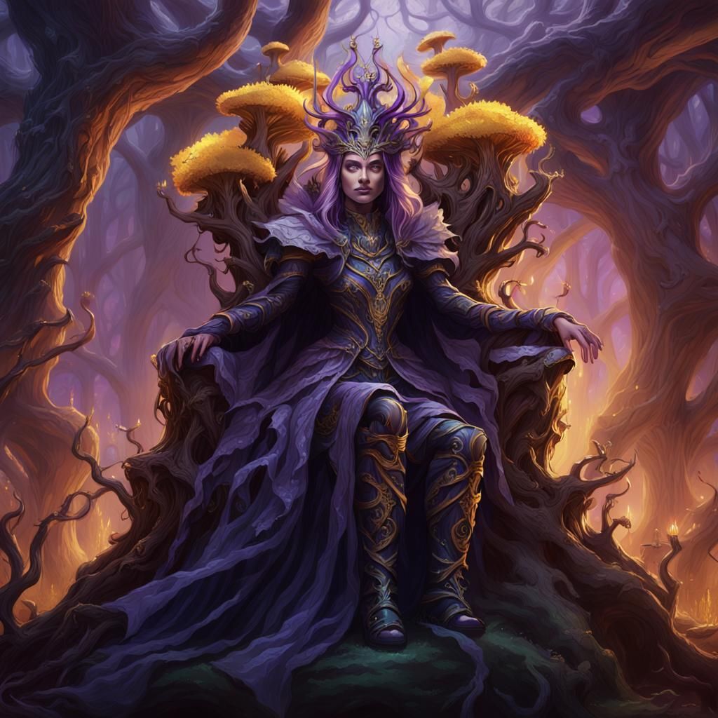 Regal Fae Queen on Throne: Dark Fantasy Art