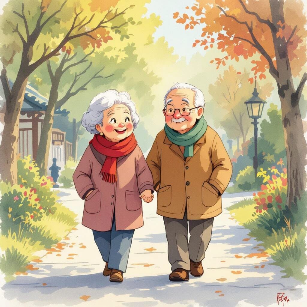 Animated Elderly People Walking in a Serene Landscape