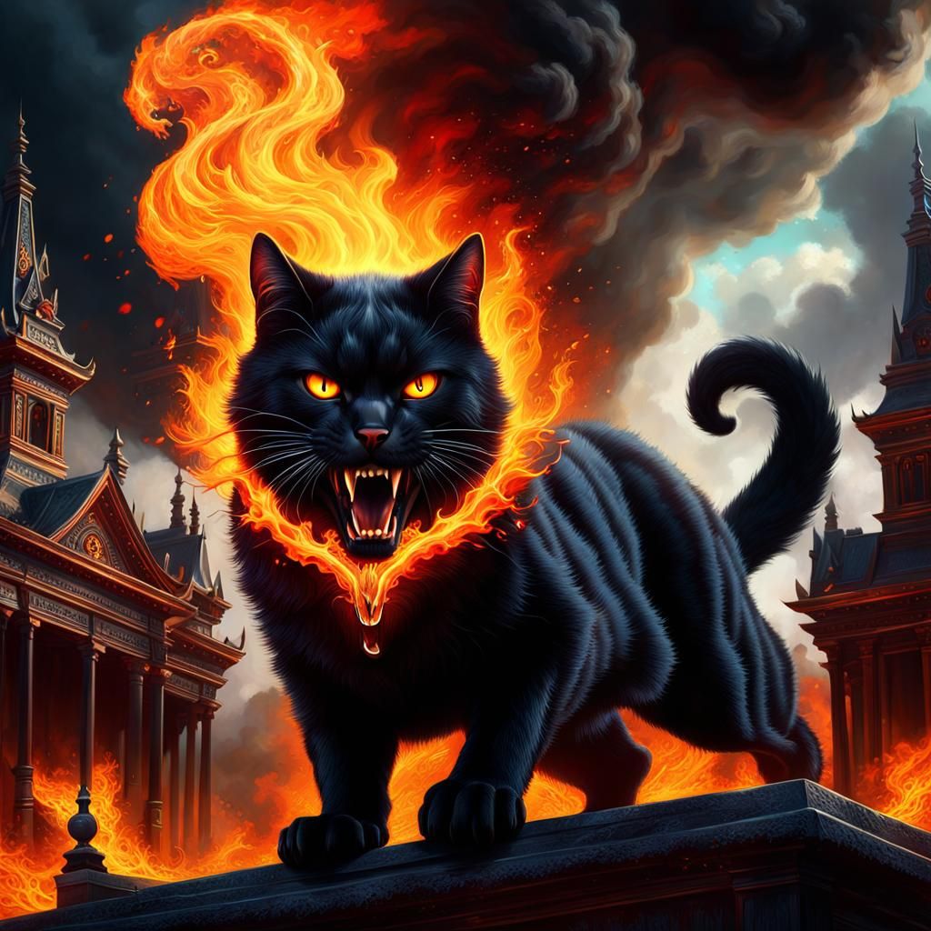 Sinister Fire-Eyed Black Cat in Hyperrealism