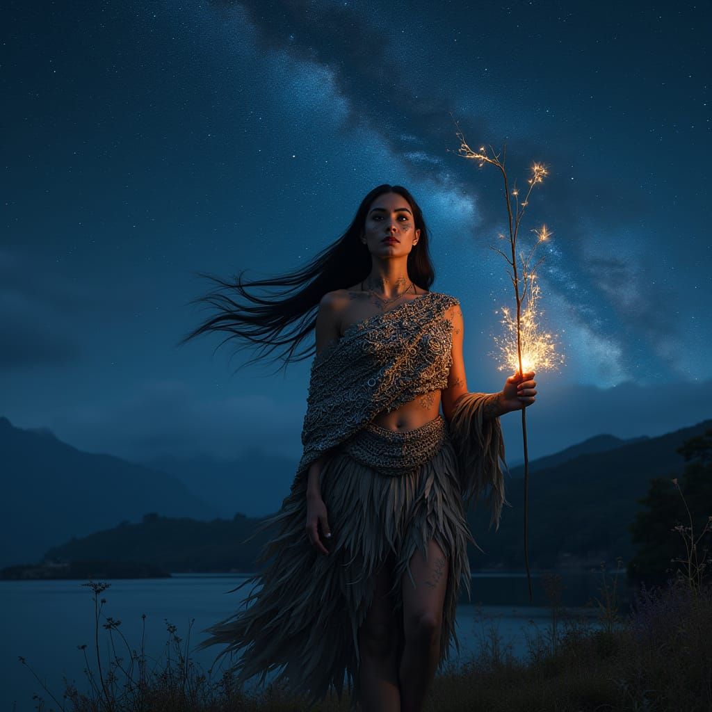 Polynesian Star Priestess with Constellations, Hyperrealisti...