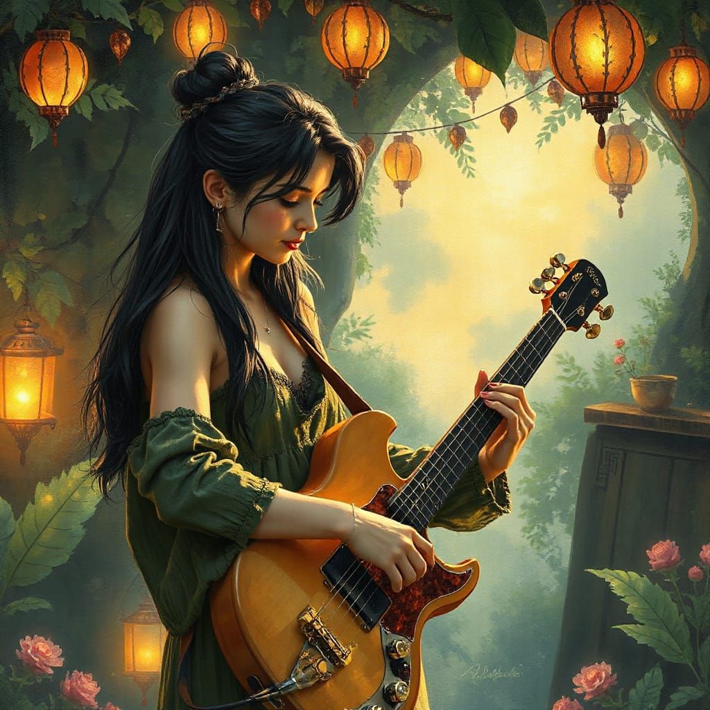 Female Bassist in Cozy Jazz Club: Gouache Painting