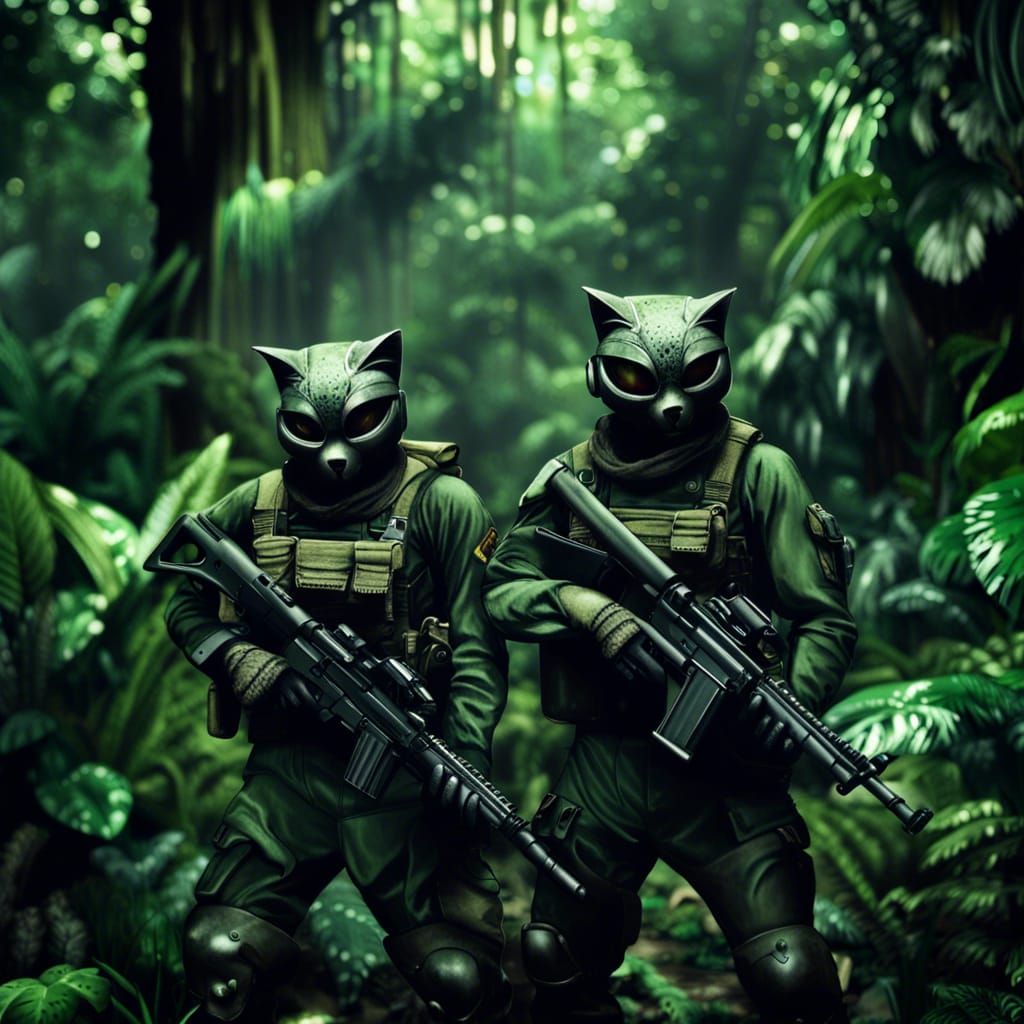 Humanoid Cat Soldiers in Alien Jungle Combat