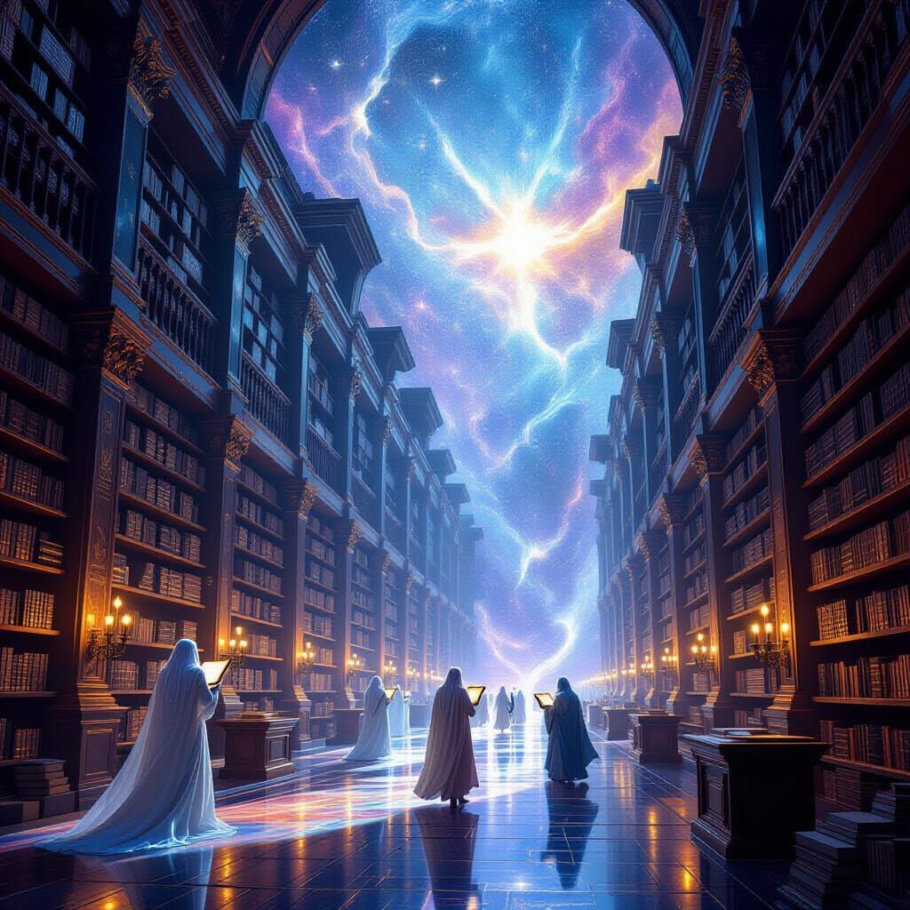 Cosmic Library in Nebula: Ethereal Beings & Glowing Tomes