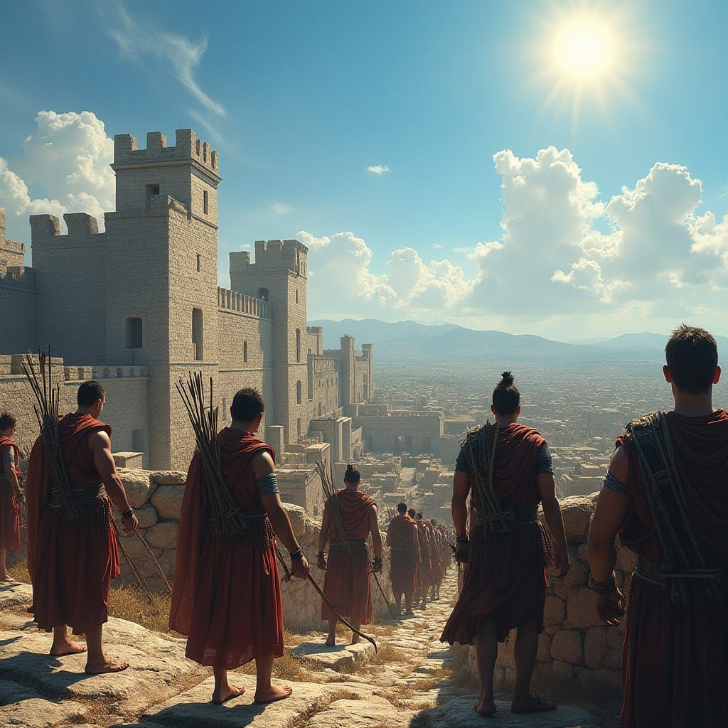 Ancient Warriors Stand Ready on Troy's Battlements at Midday