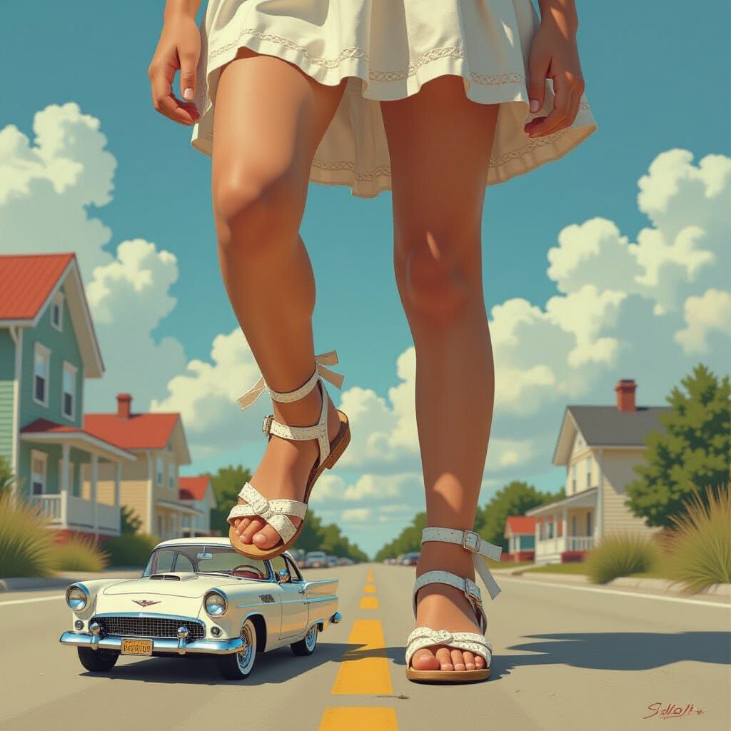 Girl Crushing Toy Car in Digital Art Style