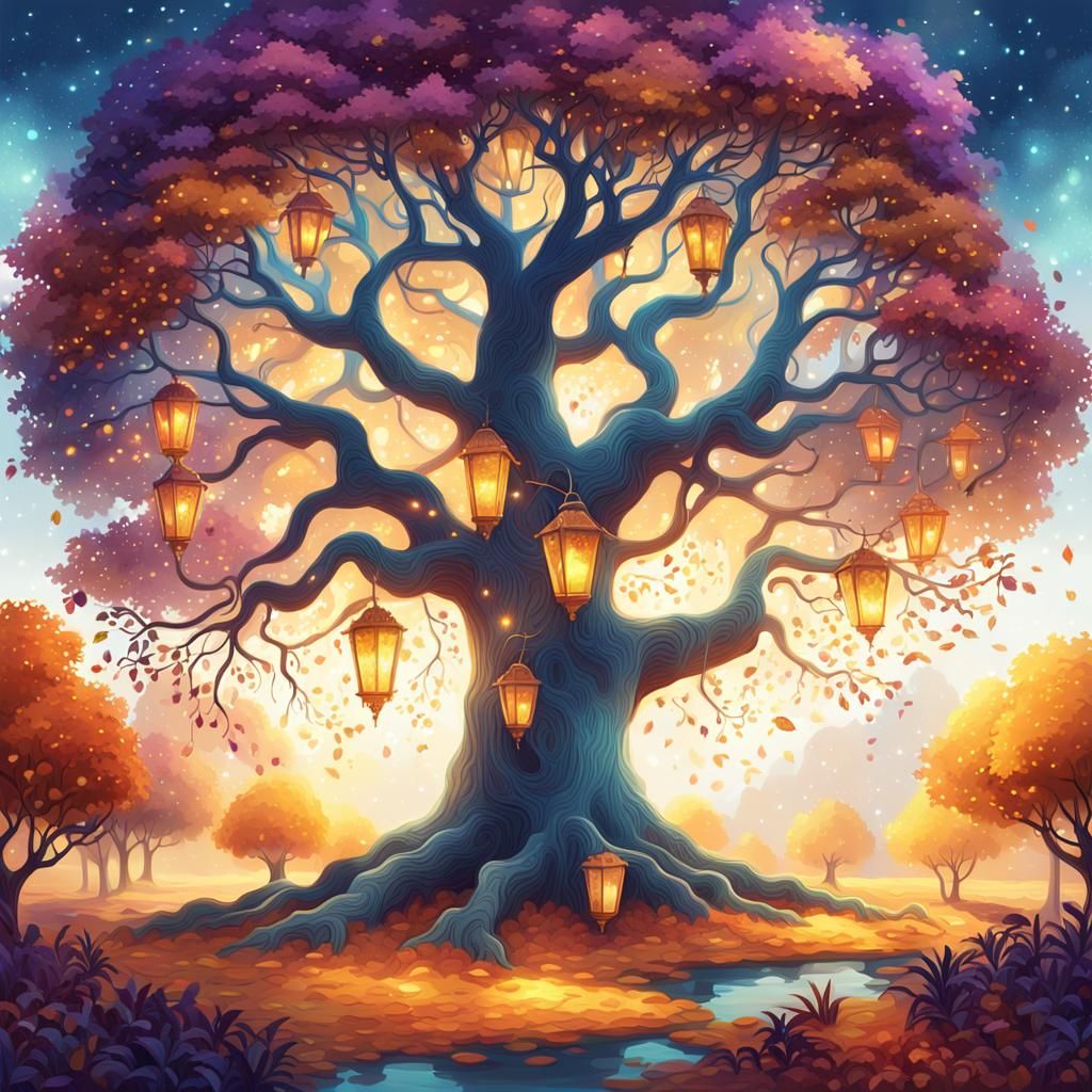 Mystical Tree in Autumn Oasis Digital Painting