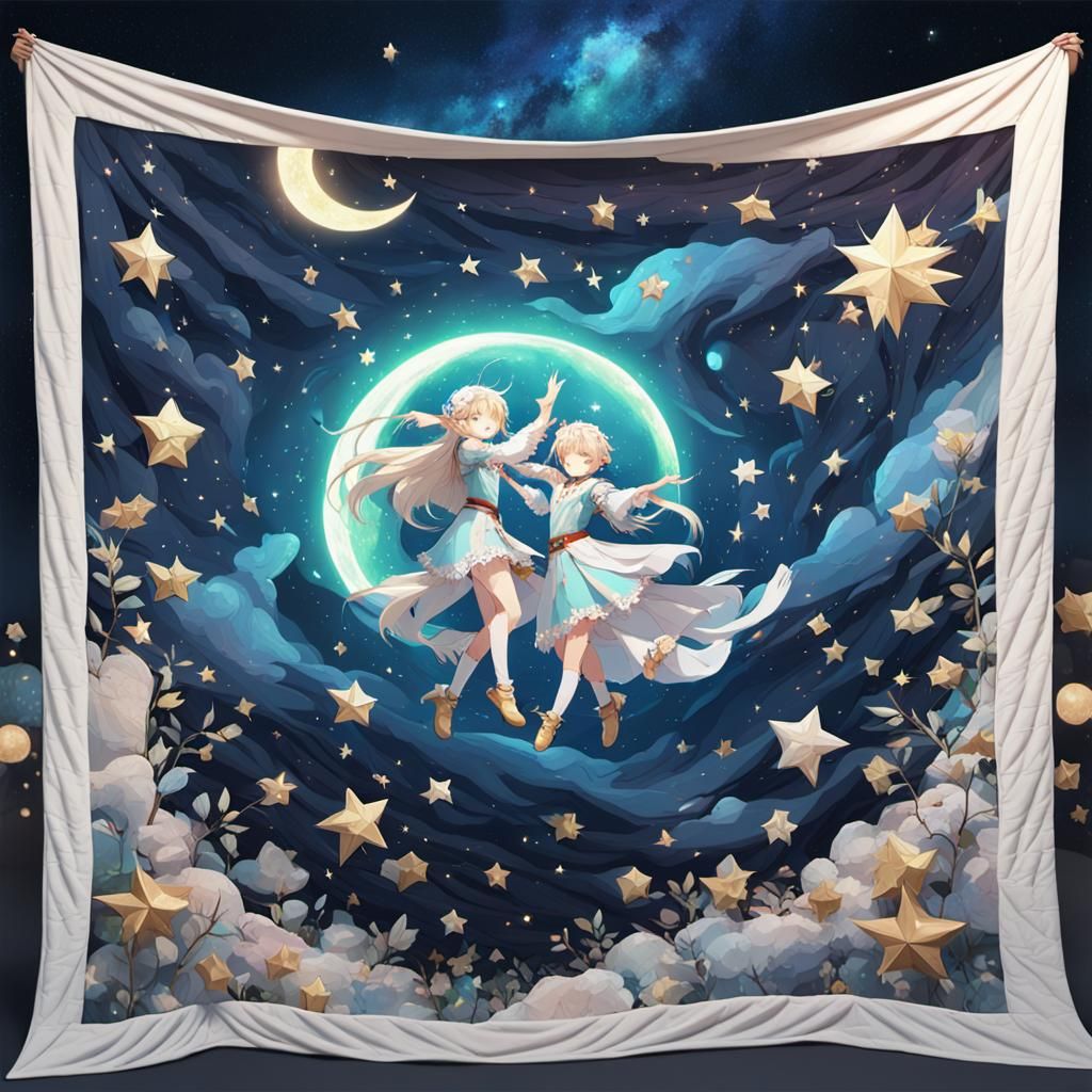 Quilt Blanket with Stars, Moons, and Elves