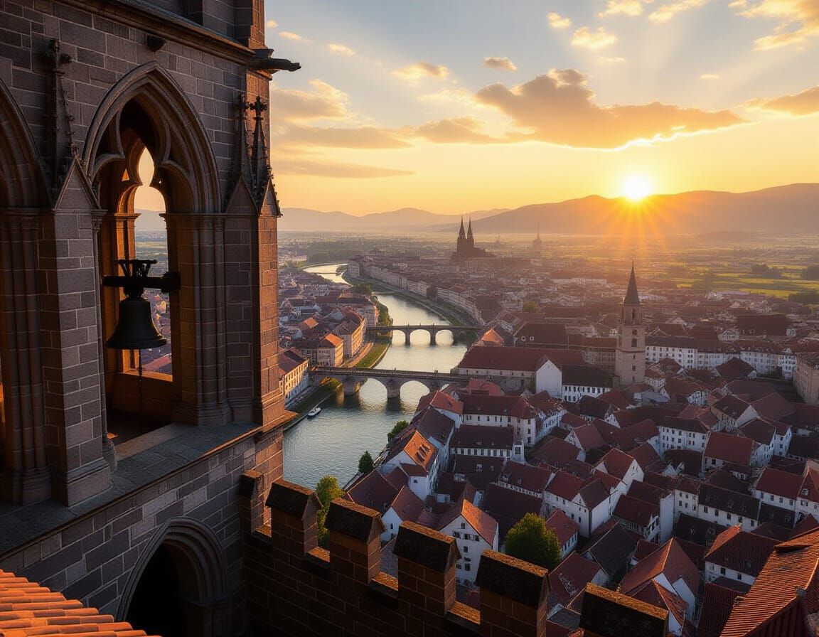 Gothic Bell Tower View Over Magical Medieval City