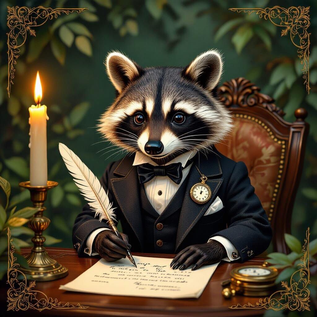 Dapper Raccoon Composing Letter in Art Nouveau Style