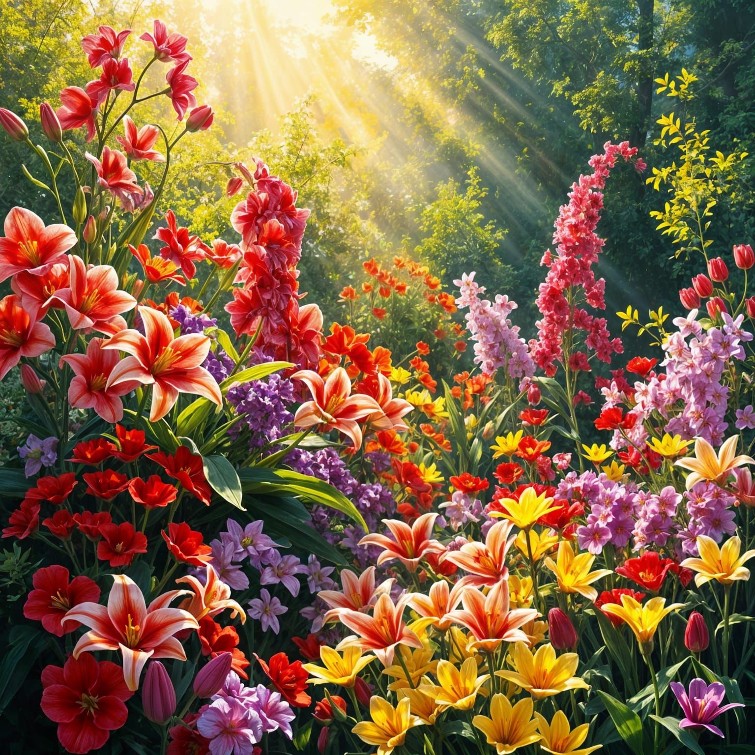 Vibrant Floral Garden in Full Bloom with Soft Sunlight