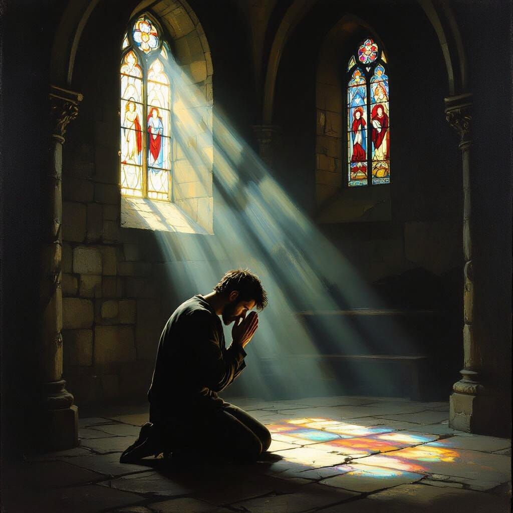 Man Praying Earnestly in Dimly Lit Chapel