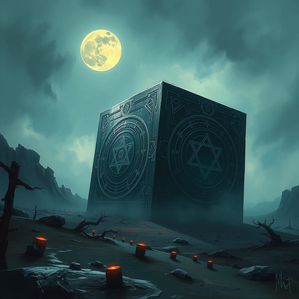 Ethereal, Dark Fantasy Cube in a Haunting, Moonlit Landscape