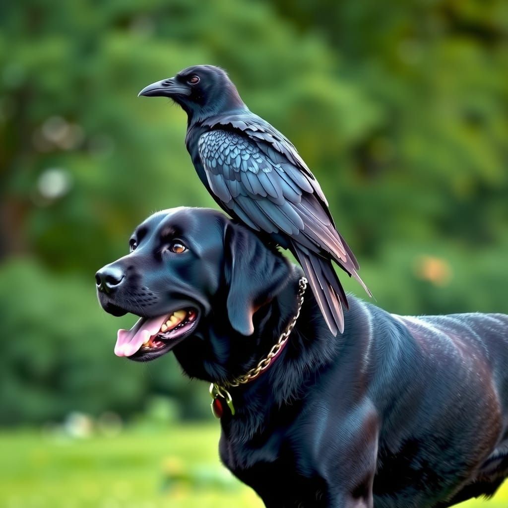 Crow Rides Black Labrador: An Unlikely Pair
