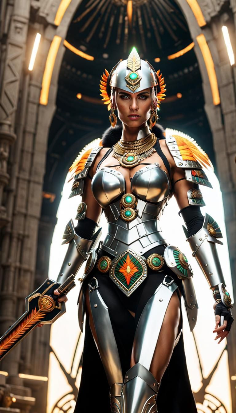 Aztec Warrior Woman with Flaming Sword in Cyberpunk Style