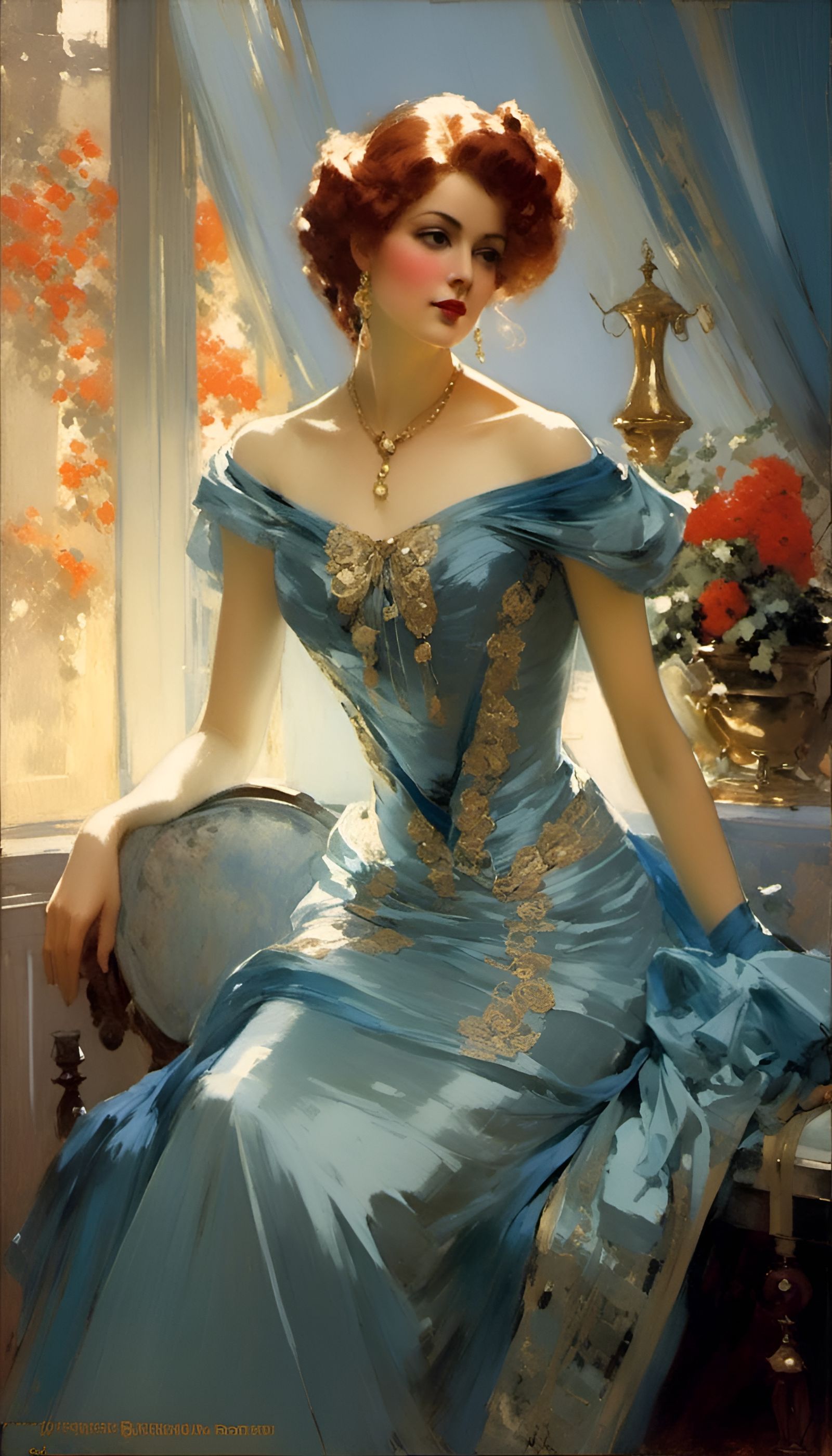 Victorian Woman in Blue, in the Style of Cucuel