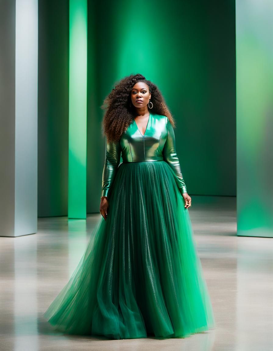 Woman in Green Tulle Dress Posing in Museum