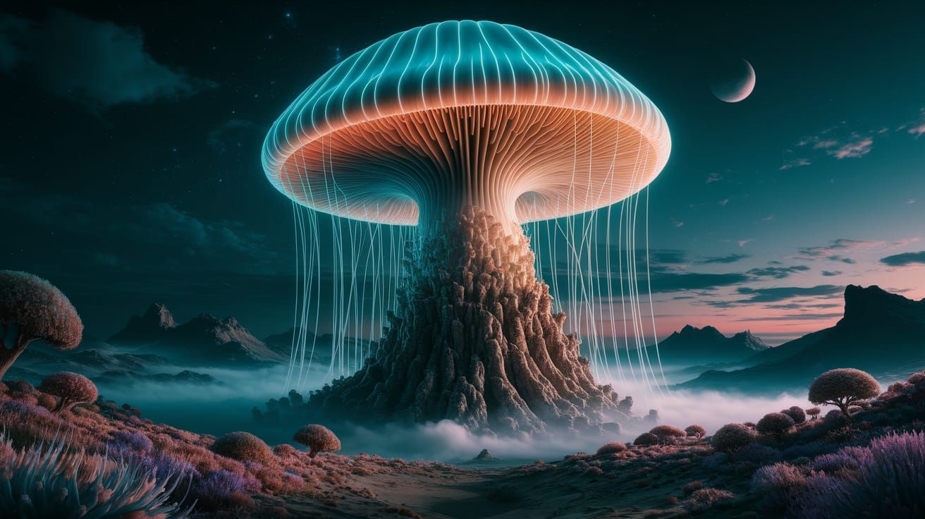 Colossal Bioluminescent Mushroom in Alien Landscape