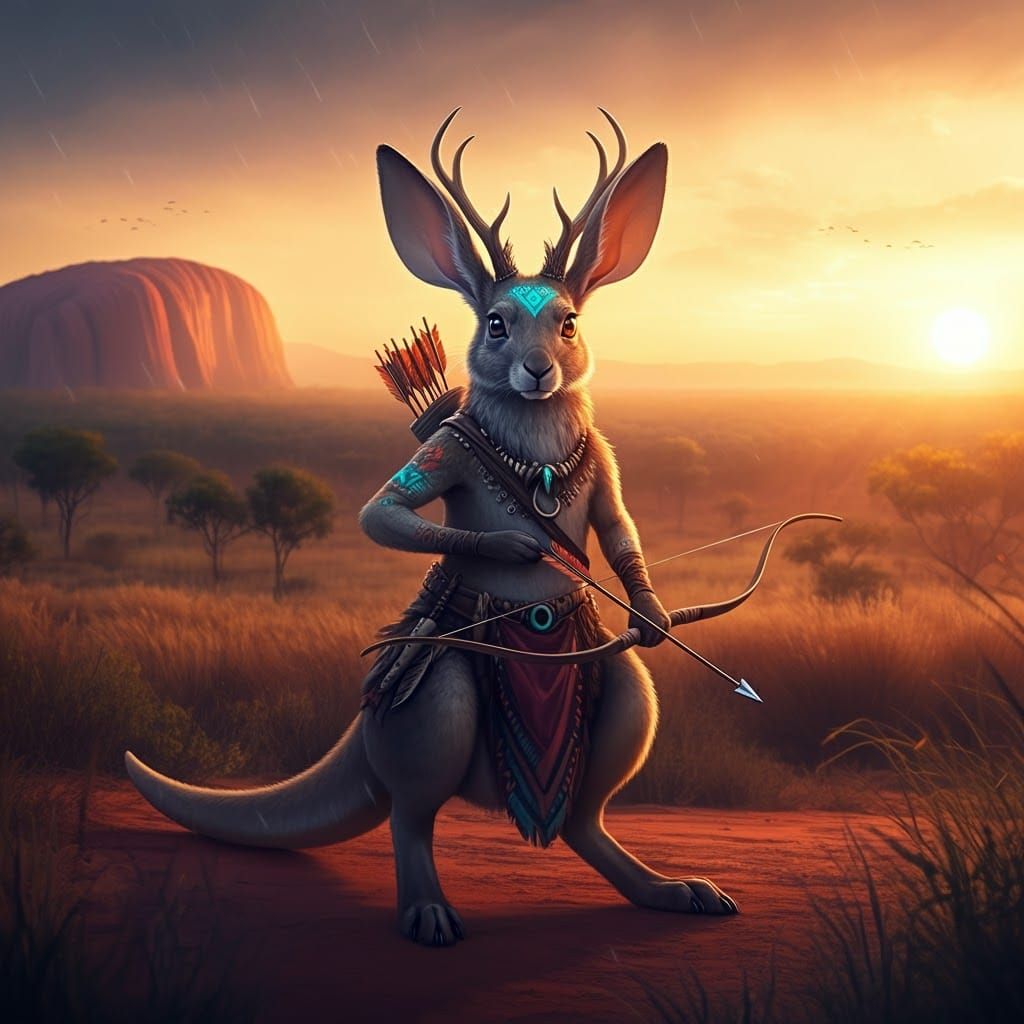 Jackalope Warrior Hunting at Sunrise in Australian Savannah