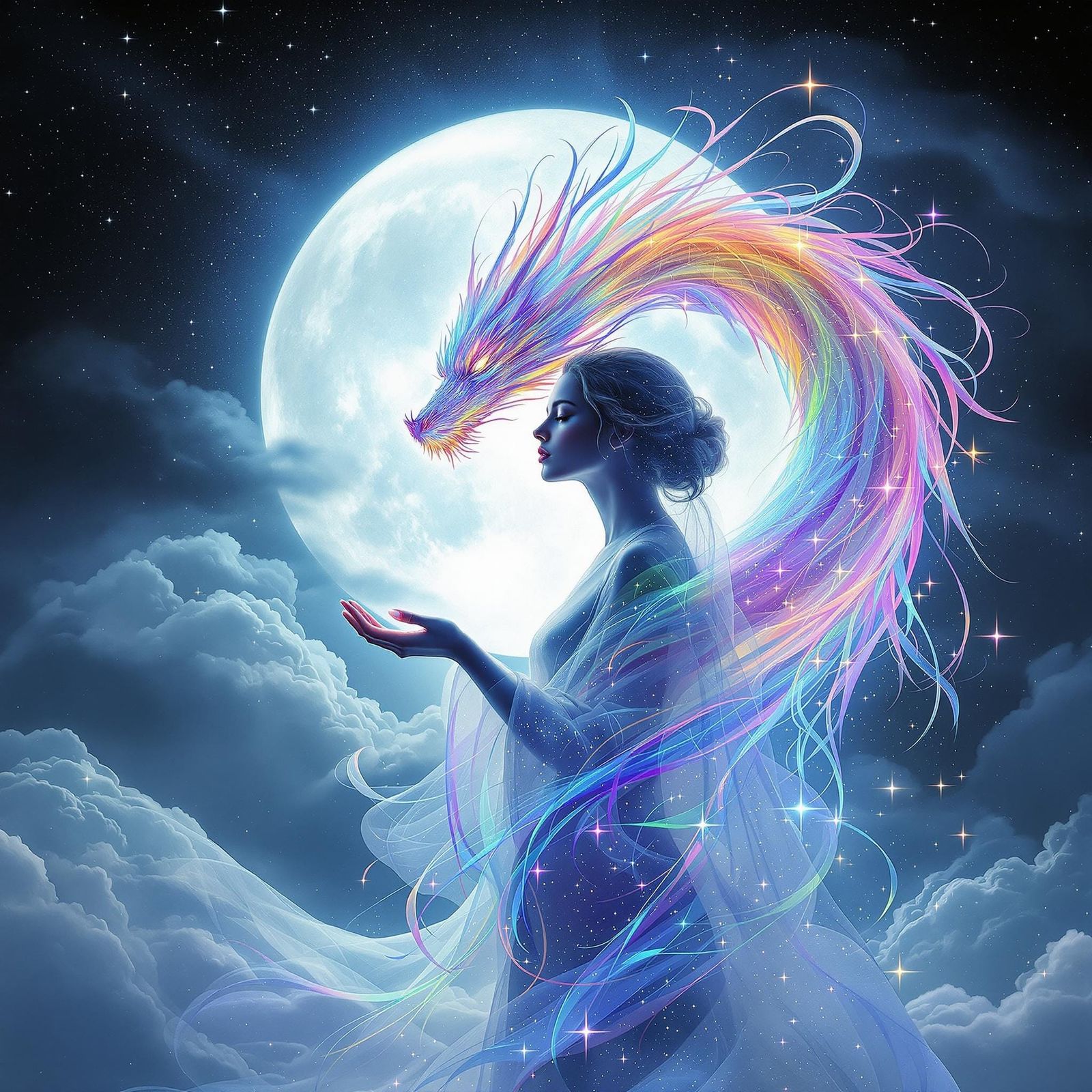 Ethereal Woman in Harmony with Rainbow Dragon