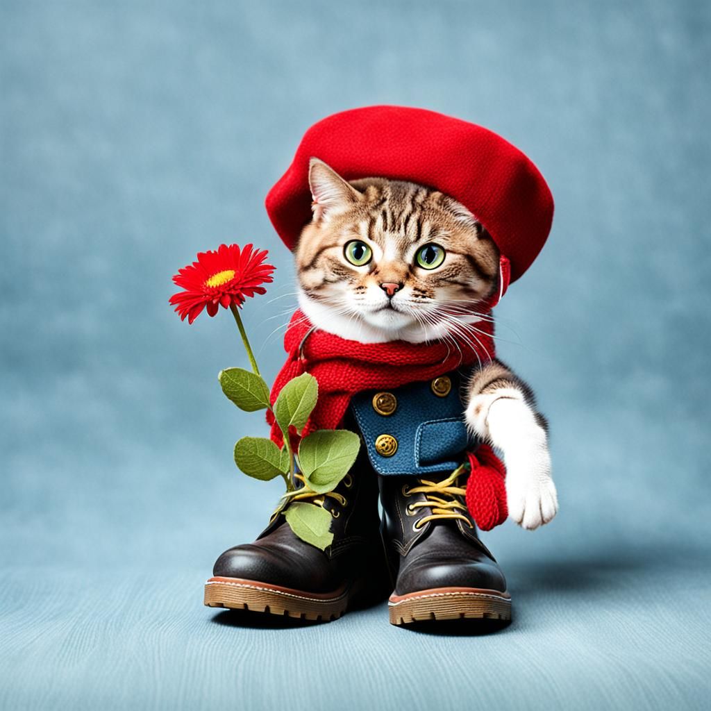 Cat in Boots with Flower and Red Hat