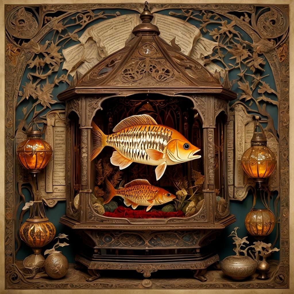 Boy Reads Grimoire Inside Lantern-Fish Curiosity Cabinet