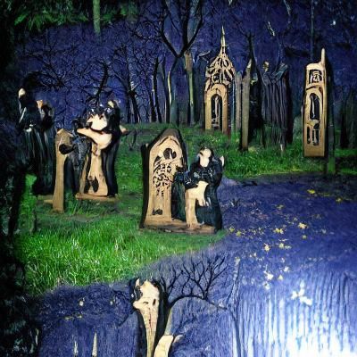 Gothic Graveyard in Moonlight Wood Carving