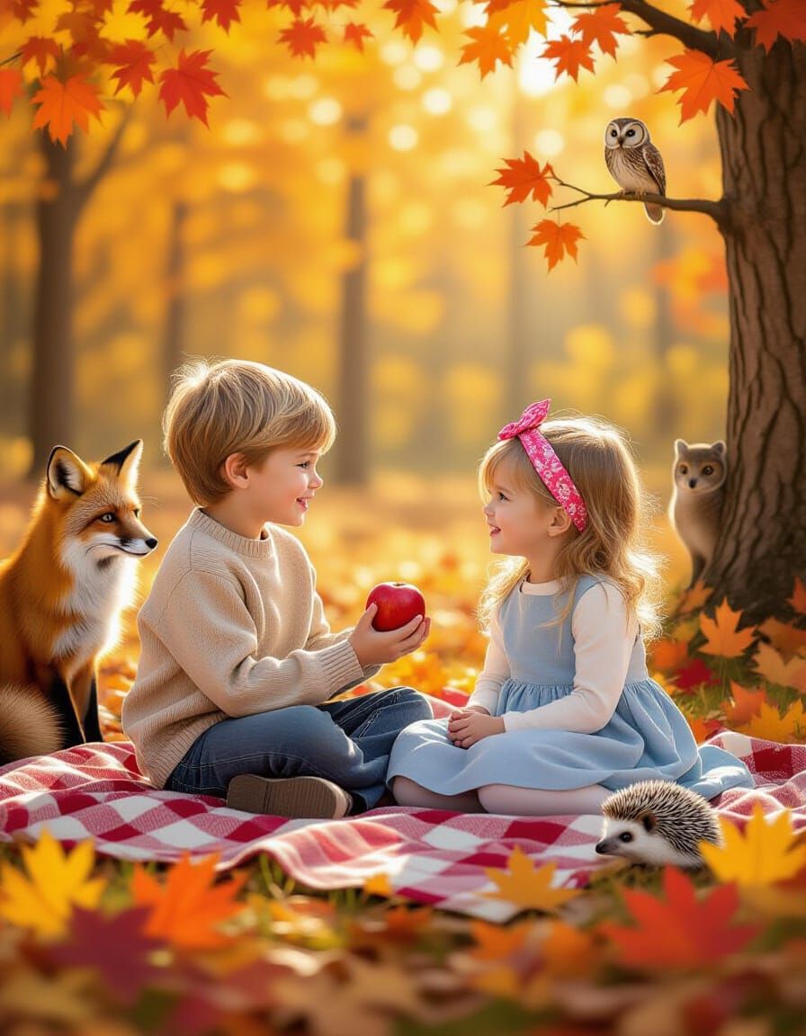 Autumn Forest Picnic with Children and Animals