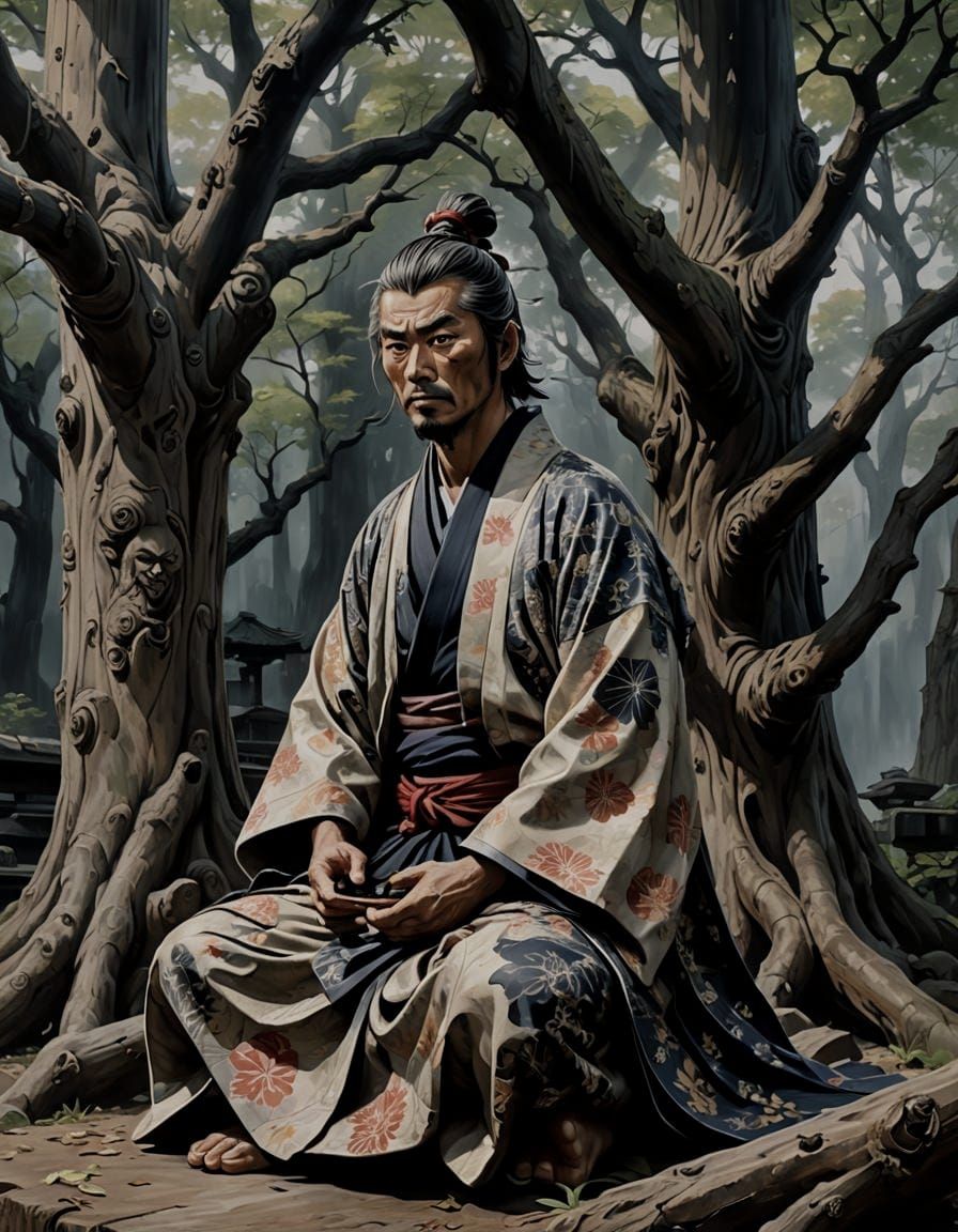 Miyamoto Musashi Woodcarving Deity: Anime Oil Painting