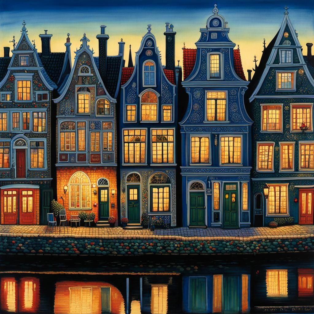 Cozy Dutch Houses in Evening Light, Storybook Illustration