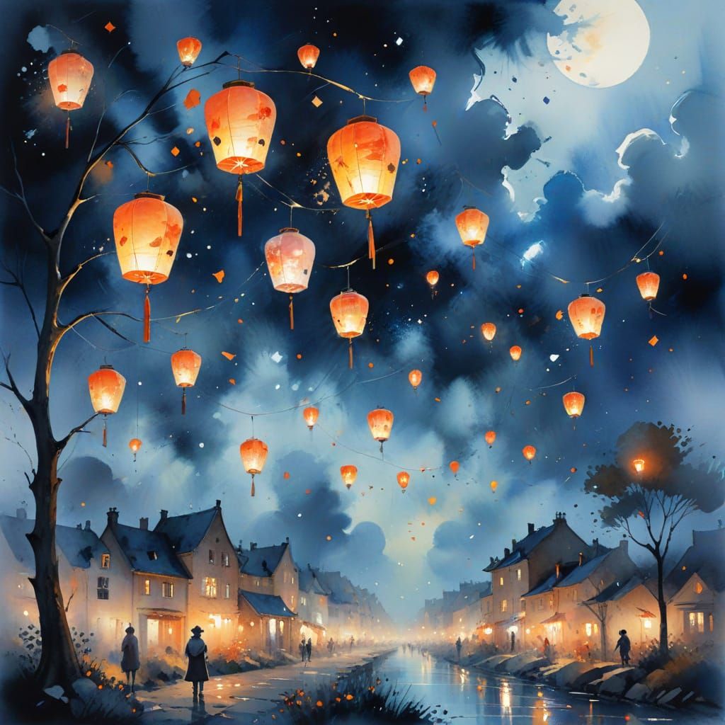 Glowing Lanterns in Night Sky, Watercolour Painting