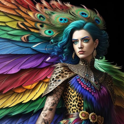 Woman with Rainbow Dragon Scales and Peacock Hair