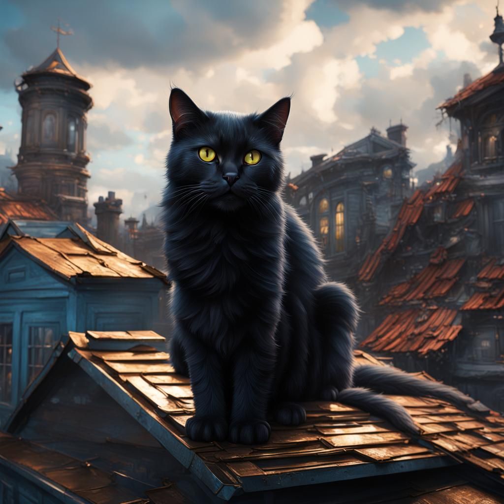Black Cat on Tin Roof: Detailed Matte Painting