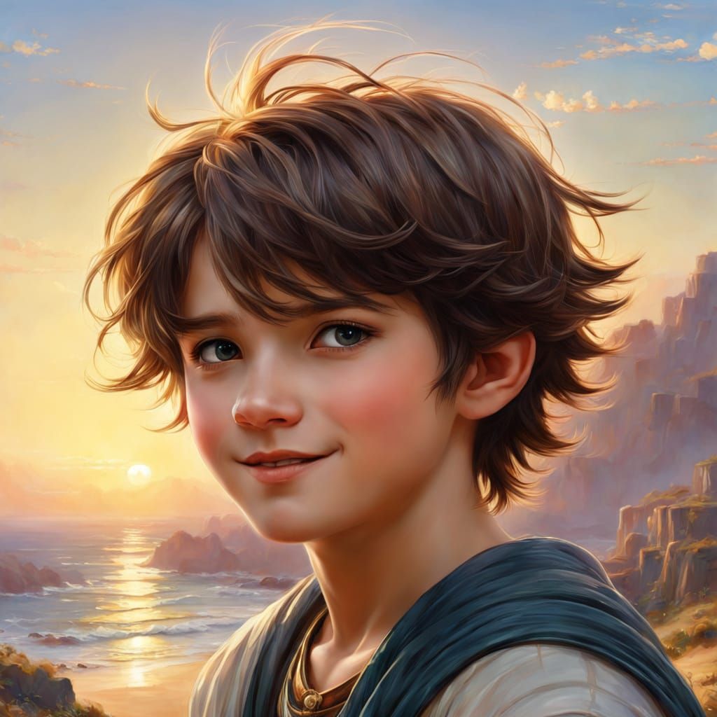 Sunny Boy at the Shore in Vibrant Waterhouse Style