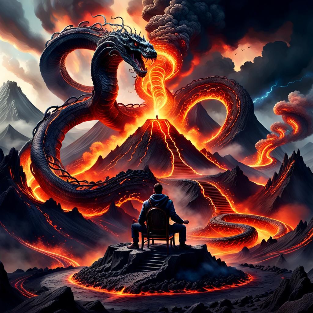 Mythical Serpent Coils Around Volcano in Epic Fantasy Art